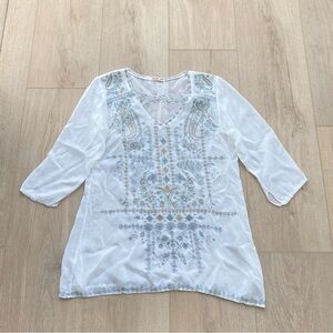 Johnny Was White Sheer Embroidered Tunic Top Size Small